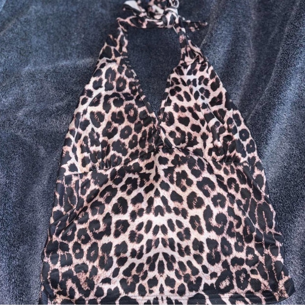 Source Unknown Leopard Print Halter Tank Top - Black & Tan